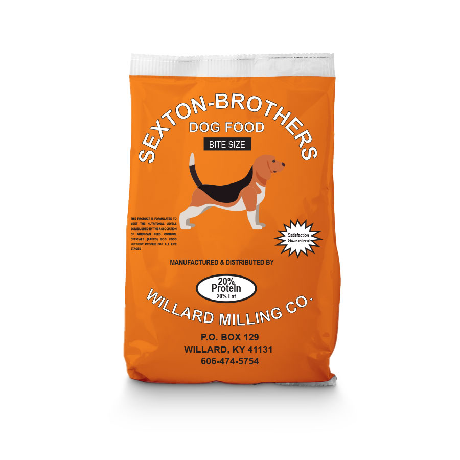 20/20 SEXTON BROTHERS DOG FOOD 50 LB ORANGE BAG