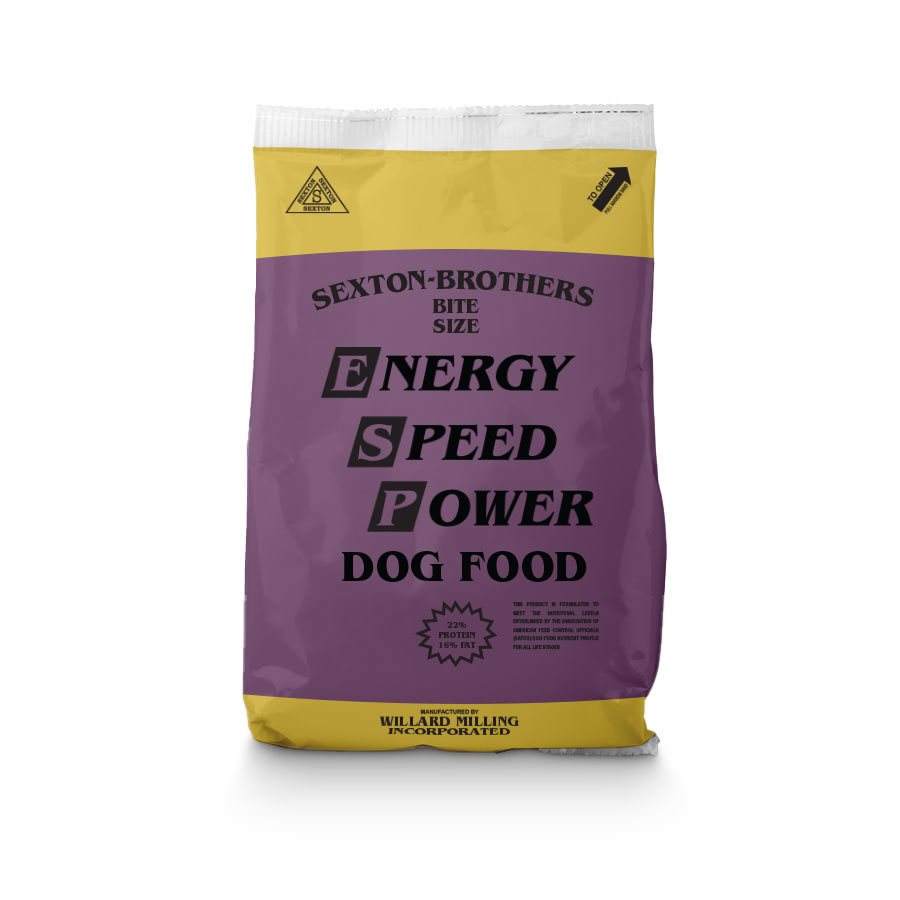 22/16 SEXTON BROTHERS DOG FOOD 50 LB PURPLE/YELLOW