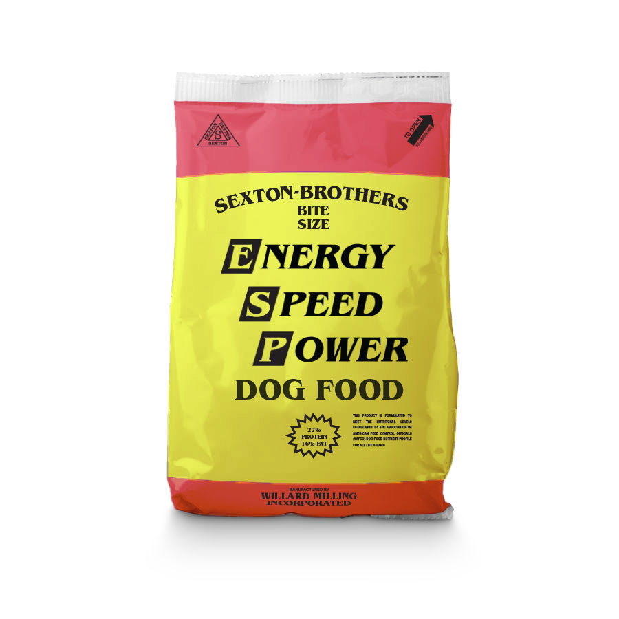 27/16 SEXTON BROTHERS DOG FOOD 50 LB RED/YELLOW BAG